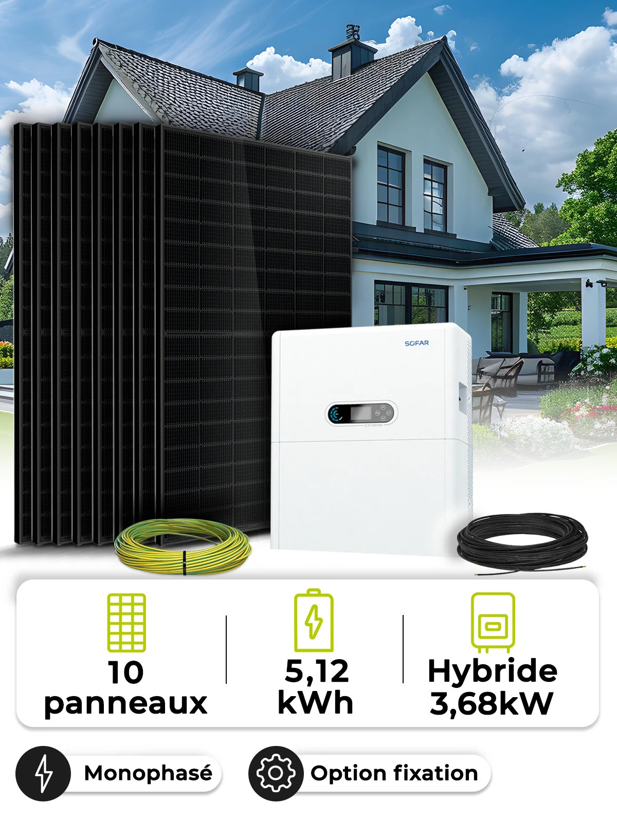 Kit Solaire 4,5kWc Mono 3,68kW + Batterie 5,12kWh