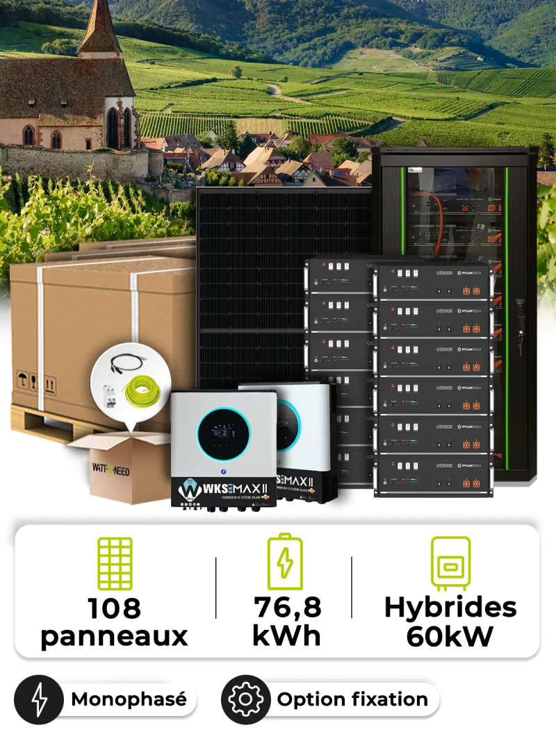 Tiny Village 48.6 kWp Solar Kit – Mono 60 kW – 76.80 kWh Battery