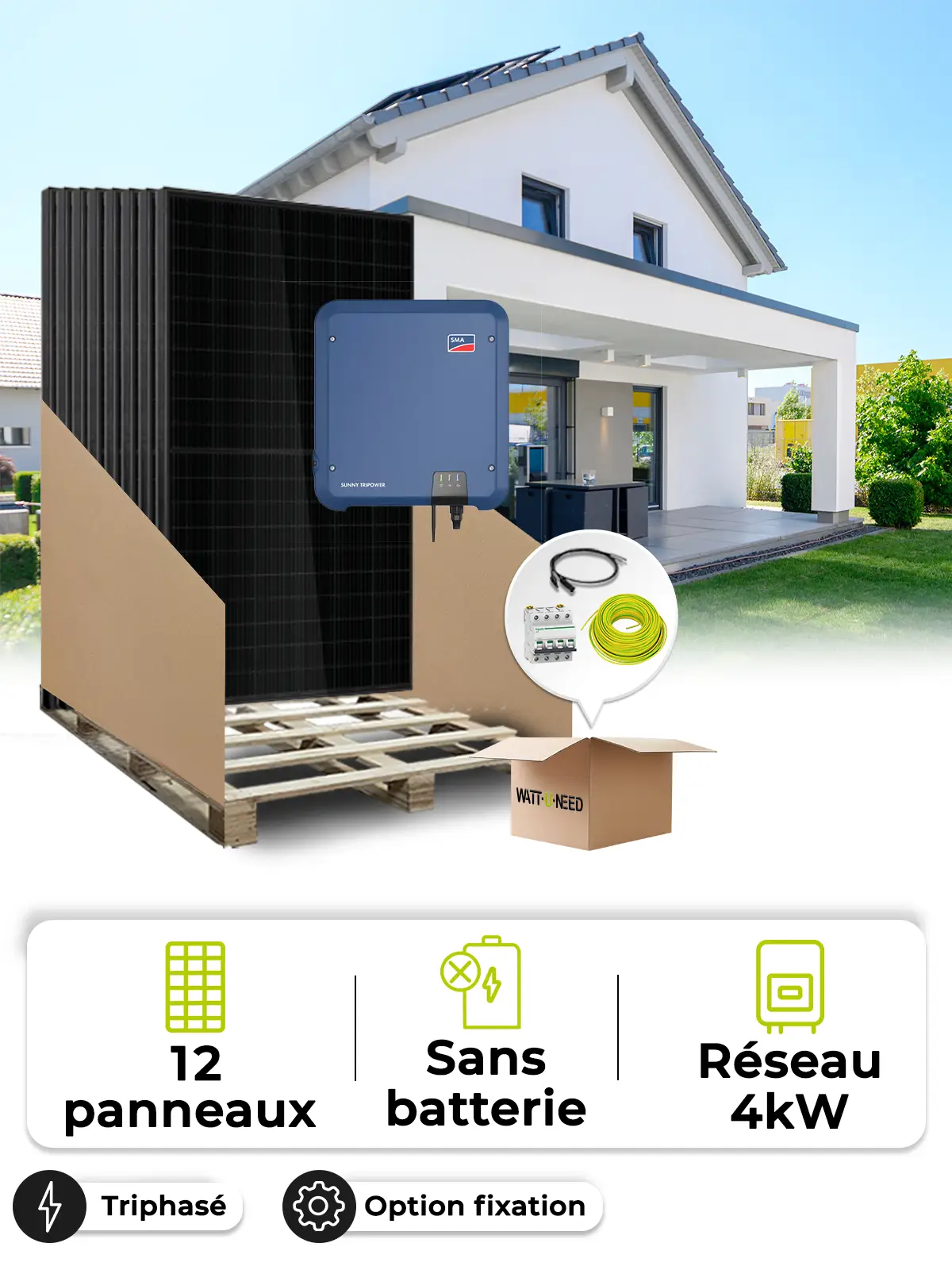 Kit 12 panneaux autoconsommation / réinjection 4000W SMA Tri sans stoc