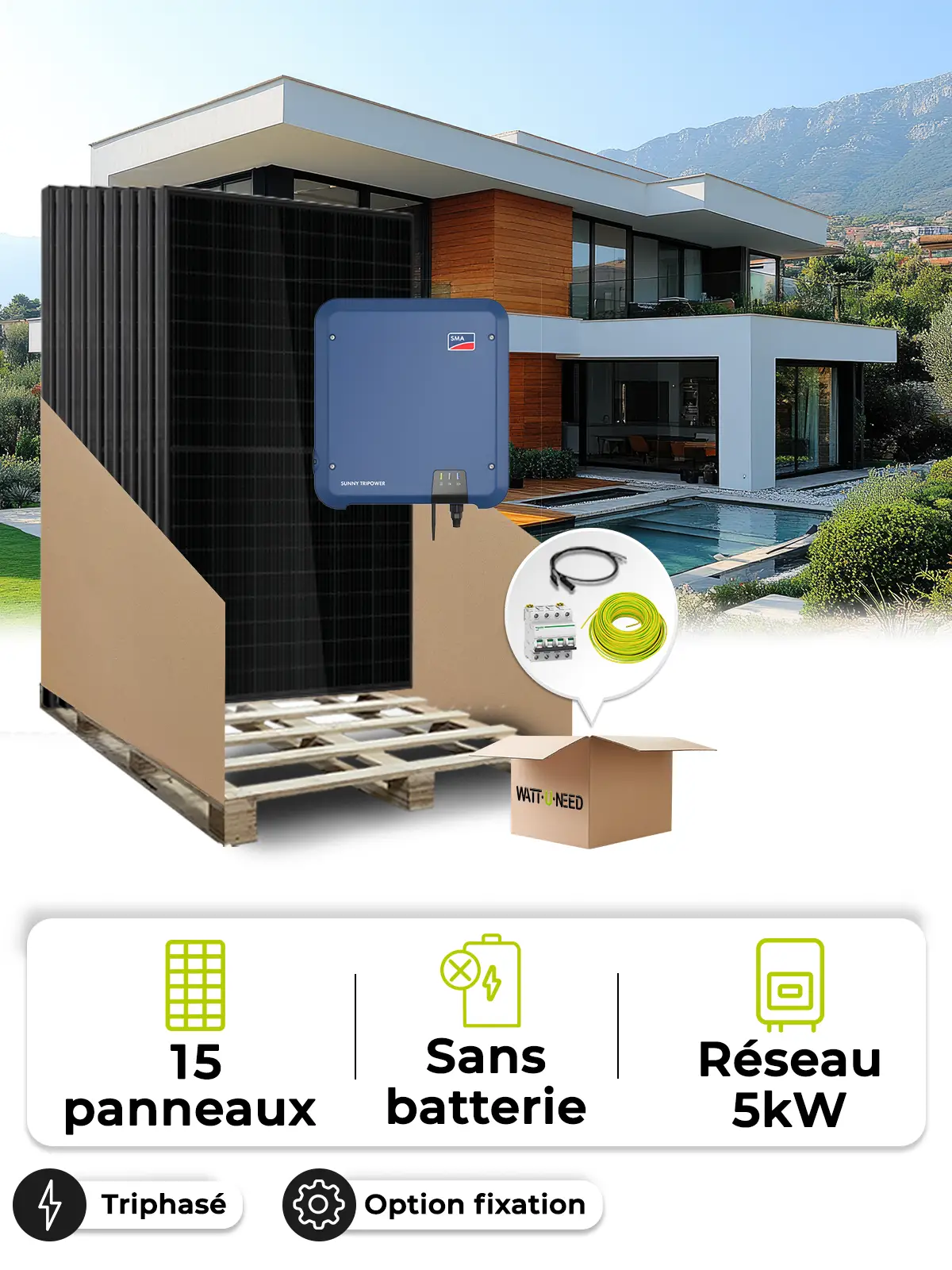 Kit 15 panels self-consumption / reinjection tri 5000W without storage