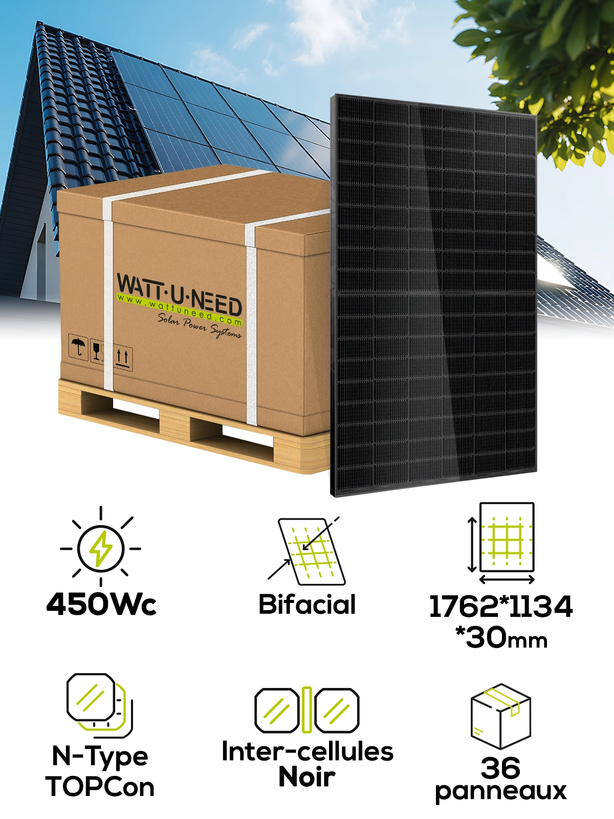 36X Leapton N-Type 450Wp TOPCon bifacial vane – Optimised Solar Panel Efficiency
