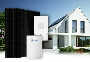 Kit solaire avec quatre panneaux solaires rigides full black, un onduleur hybride Deye et une batterie lithium Leapton