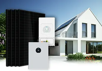 Kit solaire avec quatre panneaux solaires rigides full black, un onduleur hybride Deye et une batterie lithium Leapton