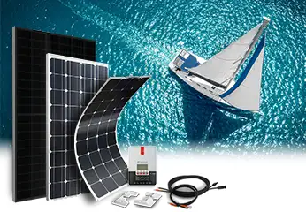 Panneau solaire flexible, câblages, régulateur solaire avec océan et bateau en arrière-plan